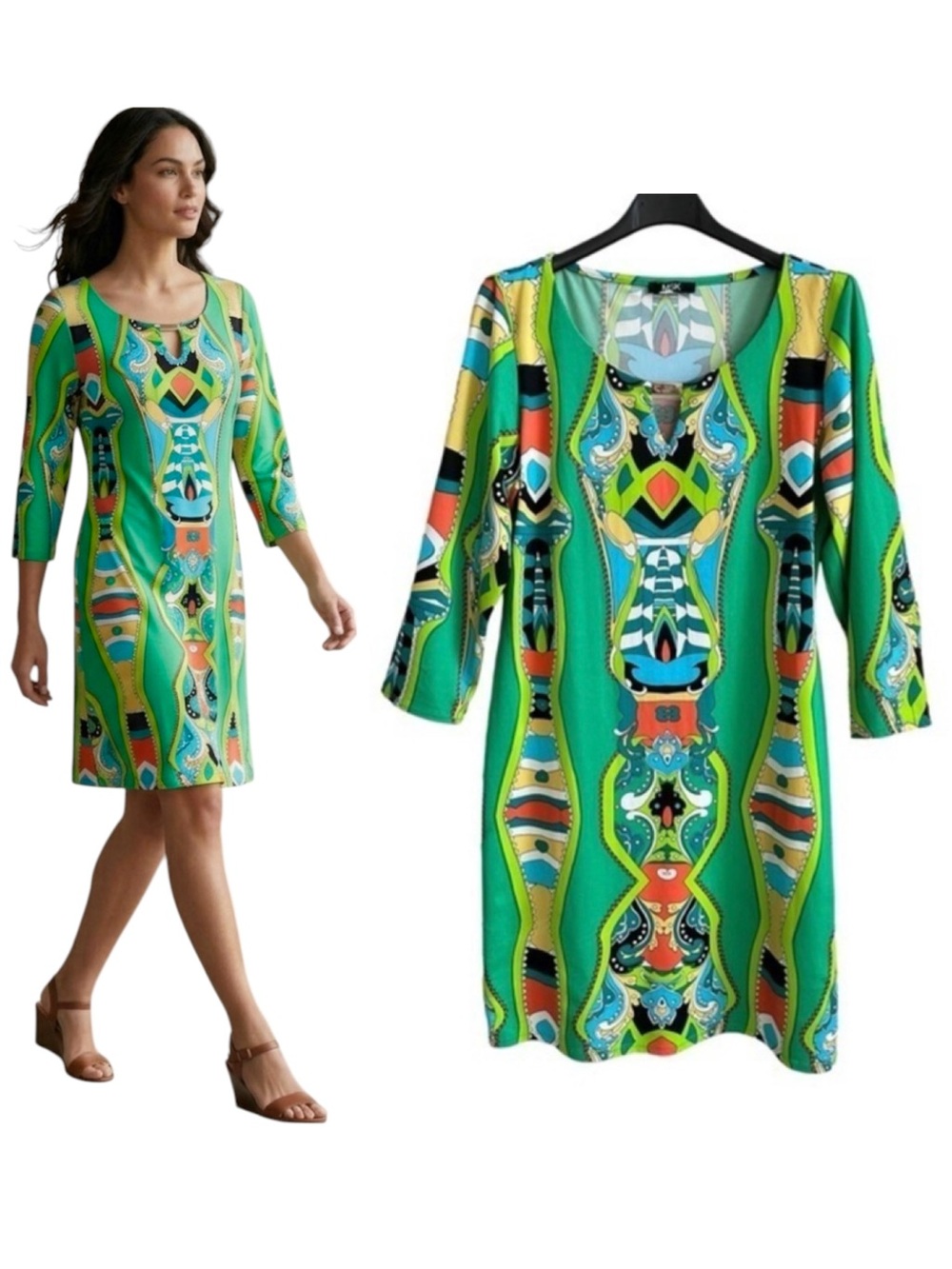 MSK Lime Green Print Resort Dress Size Medium Boho Vibrant Colorful 3/4 …